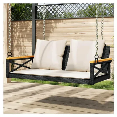 Produktbild von Schaukelbank mit Kissen Schwarz - PE-Rattan, Stahlrahmen, für den Außenbereich - 110 kg Tragfähigkeit