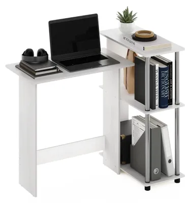 Eckcomputertisch mit Bücherregal, Weiß/Eiche, 59,99 x 96,9 x 84,99 cm