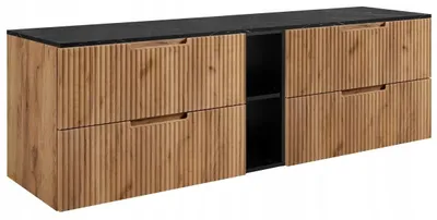 Produktbild von RODAN | Waschbeckenunterschrank 140 cm - Braun - schwarzes Regal - Hängender Waschtisch - Soft-Close - Arbeitsplatte in schwarzer Marmoroptik