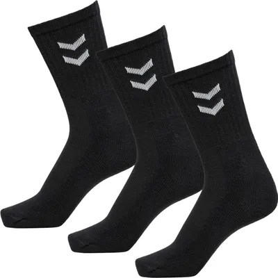 Three black socks with white logos are arranged diagonally on a white background.