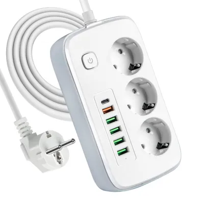 Produktbild von Steckdosenleiste mit USB, 3 Fach Mehrfachsteckdose mit Schalter, 9 in 1 USB Steckdosenleiste mit 3 AC Flacher Stecker, 5 USB Ladegerät & 1 Typ-C