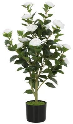 Immagine prodotto di Pianta Finta di Camelia con Fiori Realistici 176 Foglie in PEVA e Vaso Nero in PP Riempito in Cemento Bianco