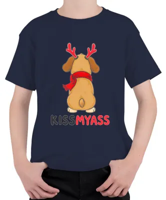 Produktbild von KISS MY ASS lustiger Weihnachtshund Rentierohren Cartoon Spruch Kinder T-Shirt, Navy, 116