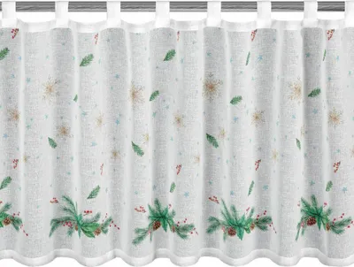 Obrázok produktu pre EUROFIRANY | Záves na okno - Bistro záves - 60 x 150 cm - bielozelený s jedľovými vetvičkami - vianočný záves