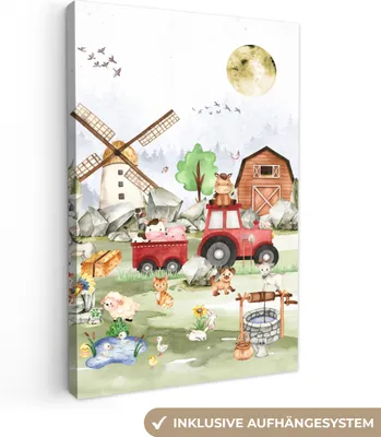 Produktbild von MuchoWow® - Leinwandbilder - Bauernhof - Traktor - Kinder - Tiere, Wandbild, Wanddeko Bilder Wohnzimmer, 40x60cm
