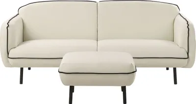 Produktbild von BELIANI Sofa Hellbeige Stoffbezug 3-Sitzer mit Ottomane Schwarzen Metallbeinen Armlehnen Biese Retro-Design Dreisitzer Wohnzimmer Büro Arbeitszimmer