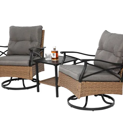 Produktbild von Outdoor drehbare Schaukelstühle Set 3 Stück mit 1 Tisch und 2 Schaukelstühle Unterstützung 350lbs Braun Wicker Outdoor Möbel Patio Gesprächssatz