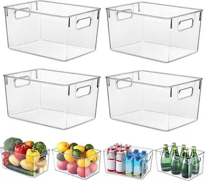 Image de Organiseur pour réfrigérateur - Lot de 4 pièces - Tiroirs de rangement pour cuisine - Poignée - Robuste - Transparent - Tiroirs pour réfrigérateur, cuisine et salle de bain - Sans BPA - 29 x 20 x 155 cm