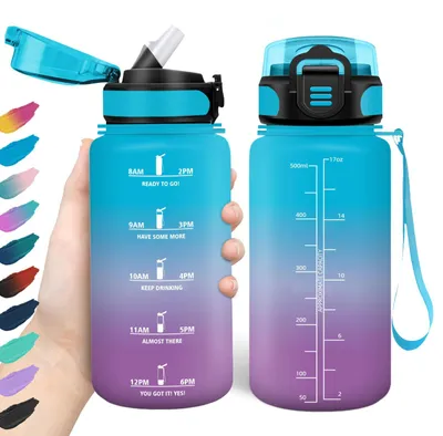 Sport-Trinkflasche 500 ml, BPA-frei, mit Zeitmarkierung und Strohhalm