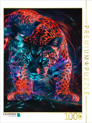 Produktbild von CALVENDO Puzzle Leuchtender Leopard in Rot und Türkis | 1000 Teile Lege-Größe 64x48cm Foto-Puzzle für glückliche Stunden