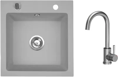 Obrázok produktu pre VBChome Granitový drez 50 x 48 cm sivý s armatúrou Jednomiestny drez na zabudovanie Sýpky Ľahko udržiavateľný drez so sifónom Ideálny pre malé kuchyne
