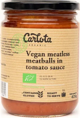Zdjęcie produktu dla KLOPSIKI WEGAŃSKIE W SOSIE POMIDOROWYM425 g - CARLOTA