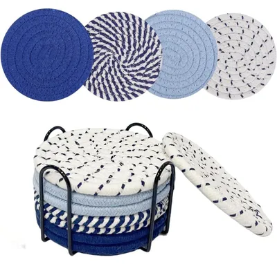 Productafbeelding van Onderzetters voor dranken, 8 stuks, handgemaakt, rond, katoen/linnen, blauw met 4 kleuren, inclusief houder, diameter 11 cm