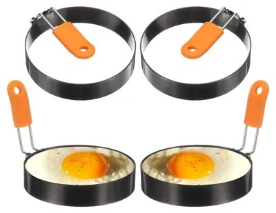 4 Eierringe, Edelstahl, 10 cm, antihaft, mit Silikongriff