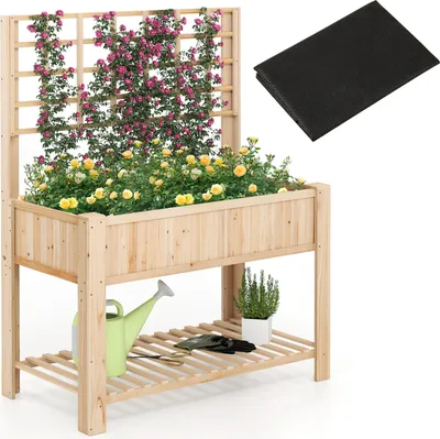 Immagine prodotto di Letto da giardino rialzato COSTWAY con traliccio, cassetta di legno rialzata con gambe, inserto, ripiano e fori di drenaggio, fioriera