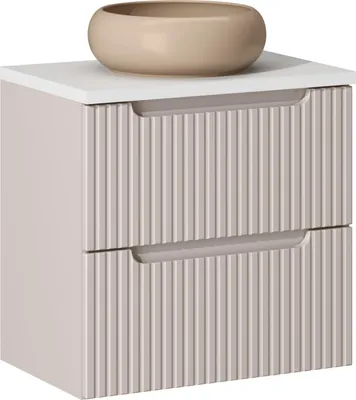 Image de Armoire De Salle De Bain 60 Cm Avec Plan De Travail Blanc Et Lavabo Beige Cachemire
