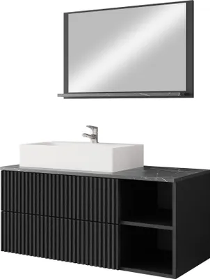 Produktbild von MIRJAN24 Badmöbel Kertos Rillen I, 3er-Set Badmöbel-Set, Spiegel, Waschbeckenschrank, Waschbecken, Fronten gefräst, Spihon (Farbe: Schwarz / Schwarz Rillen + Schwarzer Marmor)