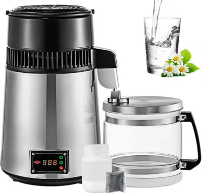 Productafbeelding van Zilverwaterdestilleermachine, 750W, met instelbare temperatuur, waterdestilleerder, 4 liter, set voor wijnmaken, brouwkit, roestvrijstalen binnenkant met instelbare temperatuur, geschikt voor keuken en woning