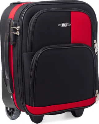 A black and red carry-on suitcase with wheels and a handle.