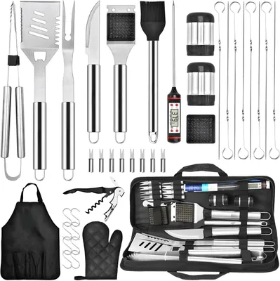 Produktbild von Grillzubehör-Set 30-tlg. – BBQ Tools mit Zange, Spachtel, Pinsel, Fleischmesser, Handschuh & Tragetasche, Edelstahl, robust, leicht, perfekt fürs Barbecue