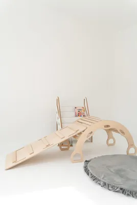 Produktbild von Große Montessori Bogenwippe Kletterbogen mit Handgriffen + große LEITER Rutsche - natural