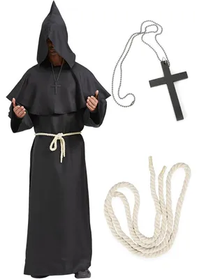 Produktbild von Mönch Robe Priester Kostüm Mittelalter Renaissance Kapuze mit Taillenseil und Kreuz Halskette für Erwachsene