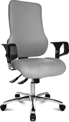 A gray office chair with black armrests and a silver base is shown from the front.