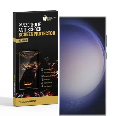 A product box for a screen protector is shown next to a smartphone displaying a gradient background.