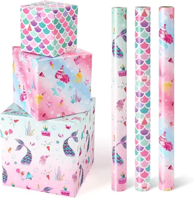 Imagen del producto de Rollos de papel de regalo con motivos de sirenas, 3 rollos de 43x300 cm cada uno, papel de regalo para niñas