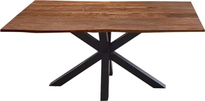 Produktbild von Esszimmertisch 140x80cm Quincy, echte Baumkante, Akazienholz nussbaumfarben, massiver Baumkantentisch mit Spider-Gestell Mattschwarz
