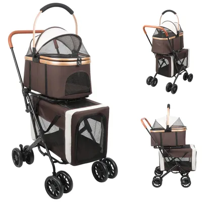 Produktbild von 2. Stock Hundebuggy Hundebox Faltbar Katzenbuggy mit Netzfenstern für 1 oder 2 Hunde Kaffee