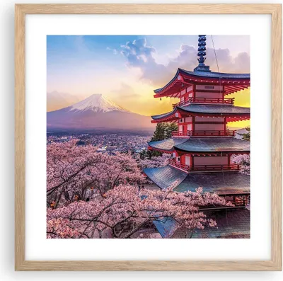 Produktbild von Gerahmtes Poster - Rahmen in heller Eiche - Fuji Choreito Pagode - 40x40 cm - Wand Bild - Wanddeko - Wandbilder - Kunstposter - Wandposter - Bilderrahmen - Bilder - Kunstdruck - P2NAC40x40-4547
