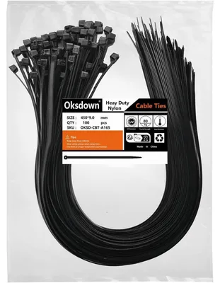 Obrázok produktu pre Stiahovacie pásky, 450 mm x 9,0 mm, čierna, 100 kusov, UV odolné, pevnosť v ťahu 80 kg, nylon