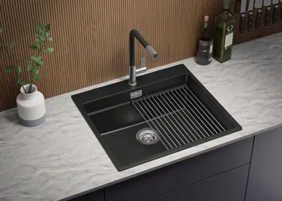 Produktbild von PRIMAGRAN Spülbecken Alles Schwarz 58x53cm, Granitspüle 1 Becken + Ablauf-Set + Aufrollbare Abtropffläche, Küchenspüle ab 60er Unterschrank - Oslo Max
