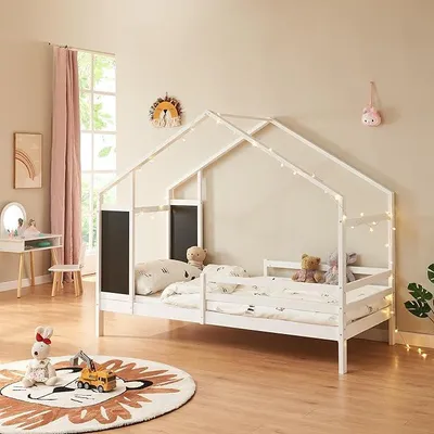 Produktbild von Kinderbett Lorenskog 90 x 200 cm Weiß Hausbett Jugendbett in Hausoptik Bettenhaus Spielbett mit Rausfallschutz