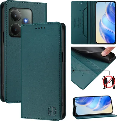 Produktbild von Lederhülle für Realme GT 6/Realme GT 6T Hülle Flip Brieftasche Kartenfächern Ständer Schutzhülle Dunkelgrün