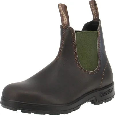 A single brown leather boot with olive green elastic side panels, shown from a side-diagonal angle against a white background.