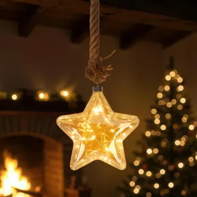 Image de Étoile de Noël en verre avec éclairage LED, argentée, à suspendre, avec minuterie - Diamètre 20 cm - Décoration étoile, éclairage blanc chaud, fonctionne sur piles