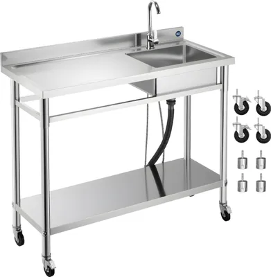 Obrázek produktu pro Nerezový dřez – kuchyňský dřez s jedním umyvadlem na kolečkách – rozměry 120 x 50 x 105,5 cm – s vodovodní baterií – pracovní deska vlevo – volně stojící – pro vnitřní i venkovní použití