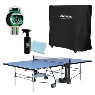 Produktbild von Donic Outdoor+Indoor Tischtennisplatte Roller 800, inkl. Abdeckhülle, 2 Tischtennischläger, 3 TT-Bälle, Tischreiniger, Ball-, Schlägerhalter, TT-Netz