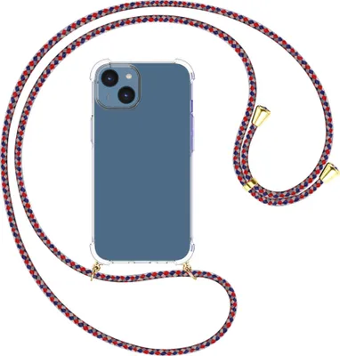 Produktbild von Handykette Backcover-Schutzhülle mit Band (Metall goldfarben) für Apple iPhone 15 - silber/blau/rot