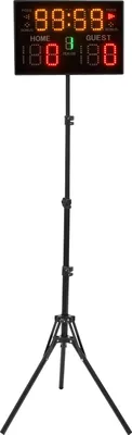 A digital scoreboard on a tripod stand.