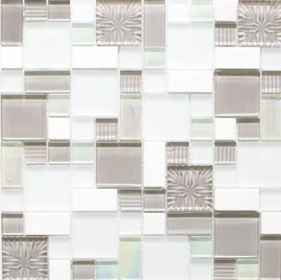 Produktbild von Mosaikfliese Transluzent weiß grau Kombination Glasmosaik Crystal Stein weiß grau weiß matt MOS88-MC659
