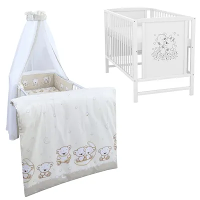Produktbild von Baby-Delux Babybett Gitterbett Mia weiß 120×60 inkl. Matratze Bettwäsche Set 10tlg Teddy Mond Beige