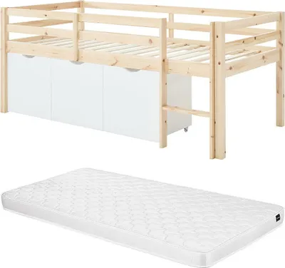 Produktbild von Halbhohes Bett 90 x 190 cm – Mit Stauraum + Matratze – Kiefer & MDF – Natur/Weiß – LANIORI