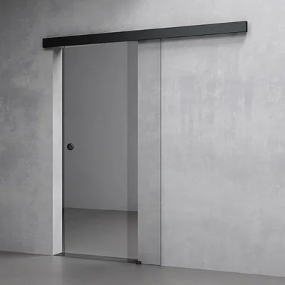 A modern glass sliding door with a black frame and handle, set against a textured concrete wall.