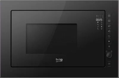 A black built-in microwave oven with a digital display and control panel.