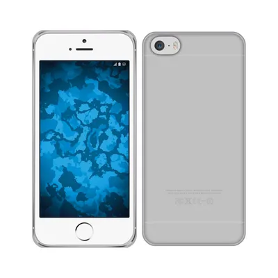 A white iPhone 8 case is shown from the front and back against a white background. The front shows the phone screen with a blue abstract wallpaper. The back shows the camera lens and some regulatory text.
