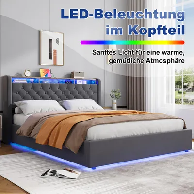 Image de okwish Lit rembourré 160×200 avec coffre de lit et tête de lit de rangement, lit pour adolescent avec LED, lit double gris foncé, sans matelas