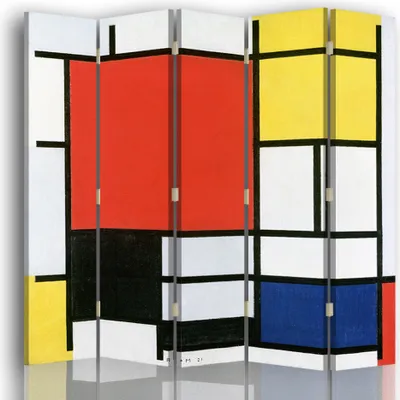 Produktbild von Paravent - Raumteiler Komposition mit Rot, Gelb, Blau und Schwarz - Piet Mondrian - Dekorativer Raumtrenner cm. 180x170 (5 x)